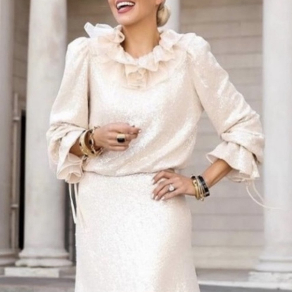 Antonio Melani x Nicola Bathie Shelby Sequined Round Neck Long Sleeve Blouse